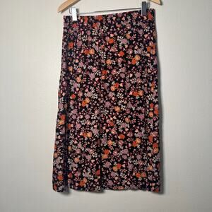 LOFT Women’s Floral Button Front Midi Skirt Black A-Line Slit Size M